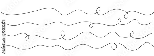 Abstract thin curve set with wavy and curvy line cable, long squiggle drawing for flow wire graphic on a white background. Freehand drawn loopy organic rope element and doodle in black swirl