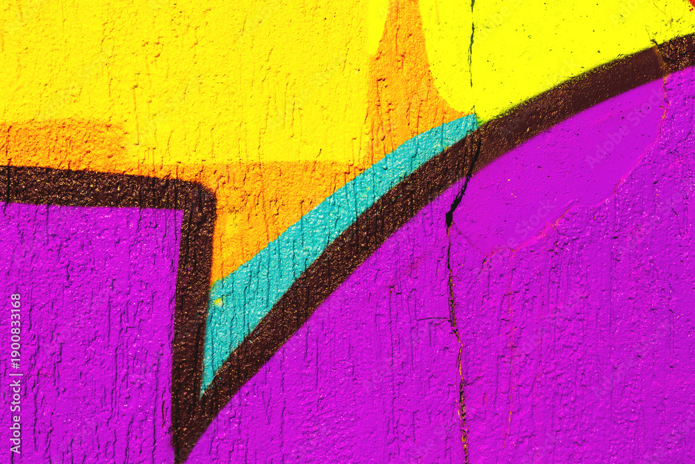 Fototapeta premium Abstract geometric street art in bright purple, yellow, orange with turquoise. Modern 2000s, Y2K style, fluorescent colors, bold shapes. Background texture, digital art, creative banner, web site