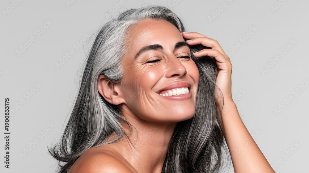Fototapeta premium Happy woman with shiny hydrated silver gray hair touching head. Joyful beauty portrait, luxury haircare treatment results, healthy glossy hair, aging gracefully, confidence empowerment wellness.