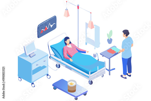 Hospital room. Hospitalized Patient Lying in Hospital Bed. Hospital Room with Modern Equipment. Flat Cartoon Vector Illustration. Nurse Setting Up Dropper.