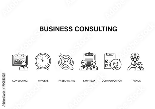 Business consulting icons including consulting targets freelancing strategy communication theme