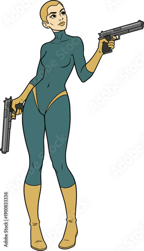 Bald Female Agent Dual Wielding Guns