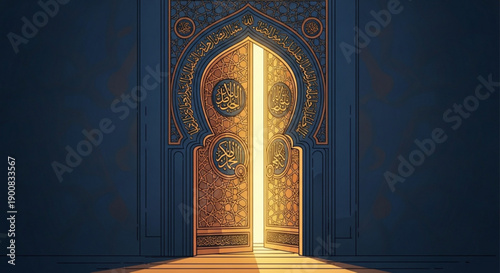 Ornate Golden Door Slightly Open with Light Shining Through in Dark Blue Room, Islamic Architecture, 3D Rendering