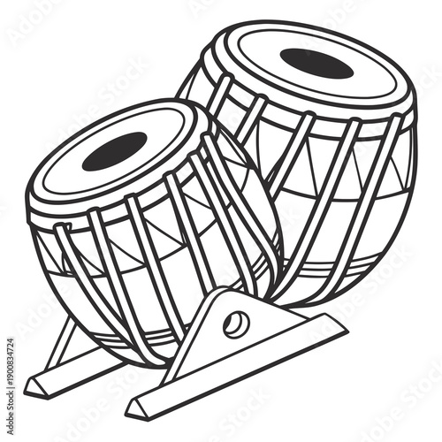 A pair of traditional drums with a wooden stand and a mallet