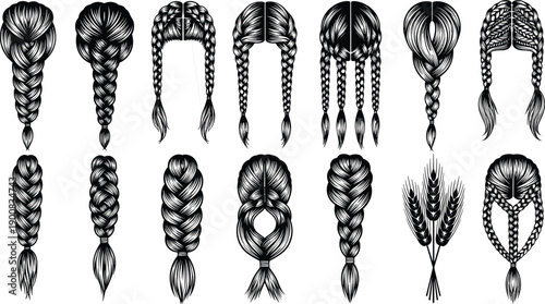 Braided hairstyle illustration set, detailed vintage hair plaits and braids collection, hand drawn black and white beauty design elements isolated vector