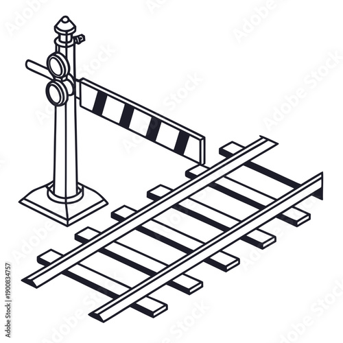 Railroad crossing with a signal and a barrier in a detailed illustration