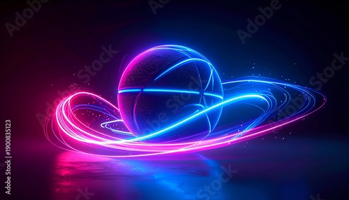 A neon-lit basketball surrounded by vibrant glowing arcs against a dark background, creating a dynamic effect