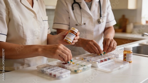 Female nurses sort pills into weekly organizers in a bright clinic, medication management for elderly care and home health, calm routine during World Health Day