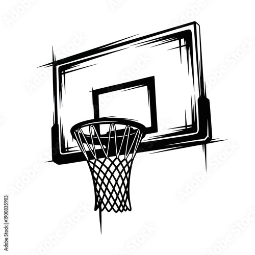 Black and white abstract basketball hoop and backboard with brush stroke effect