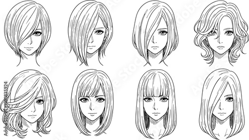 Female hairstyle illustration set, fashion woman head sketches with modern haircuts, beauty salon vector line art collection isolated black white