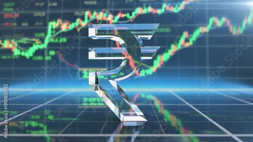 Indian rupee with a stock market chart.