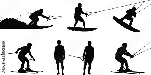 Kitesurfing and waterski silhouette illustration set, athletes riding boards with control bars and ropes, extreme water sport action poses isolated vector