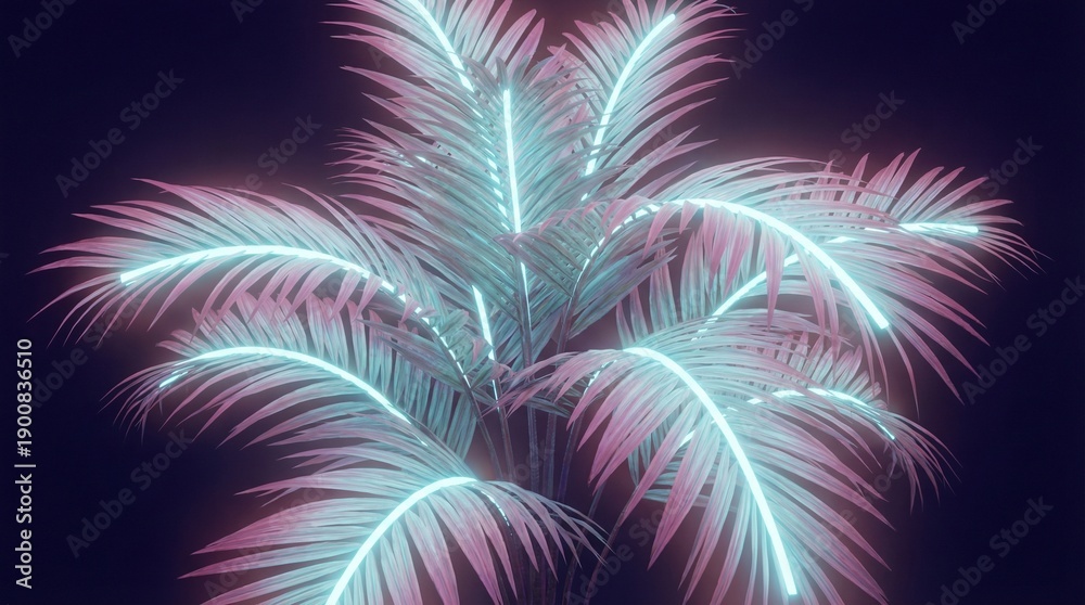 Fototapeta premium Glowing neon palm tree with pink and blue leaves, tropical overlay effect for website or presentation