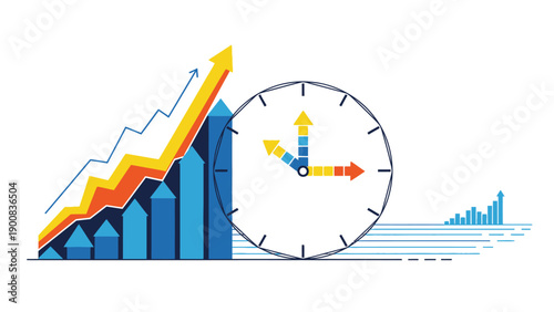 Financial Growth Optimization Concept: Increasing Bar Chart and Upward Arrow Line Graph Combined with Time Clock Icon for Productivity and Business Success.