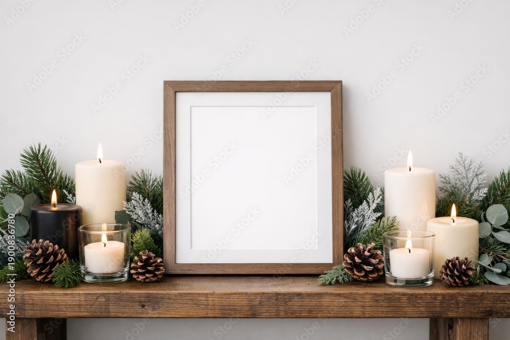 Fototapeta premium Christmas frame mockup with candles and pinecones on wooden shelf. Ai generative