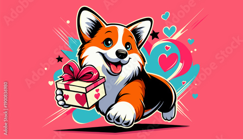 Happy corgi excited holding gift box for Valentine’s Day on pink background