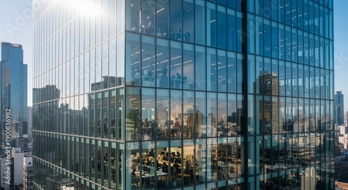 Modern Office Space in a Tall Glass Skyscraper Featuring Sunlight, City Views, and Lush Greenery