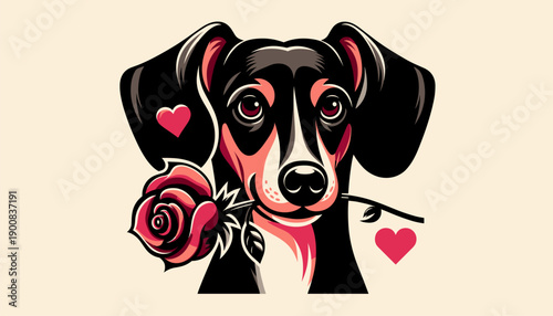 Smiling Dachshund dog holding red rose with hearts on beige background