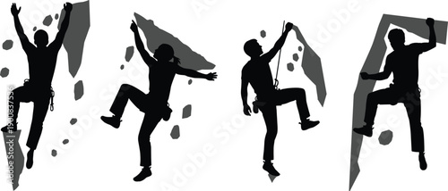 Rock climbing silhouette collection, male and female climbers scaling cliffs with safety ropes, dynamic outdoor adventure sport action poses isolated vector