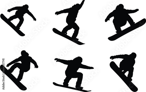 Snowboarder silhouette illustration set, winter sports athletes performing freestyle jumps and tricks, dynamic extreme snowboarding action poses isolated on white background vector