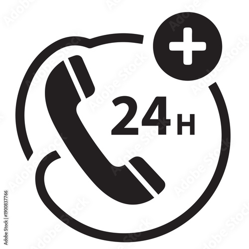 A black icon depicting a phone and 24 hour service a bold silhouette
