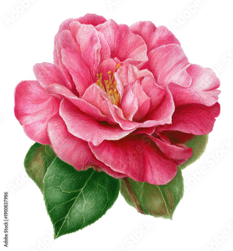 A detailed, vibrant close-up of a pink flower in full bloom, with green leaves