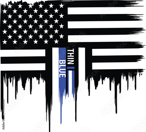 Thin blue line American flag illustration, distressed black and white USA flag with vertical blue stripe, law enforcement support symbol vector artwork