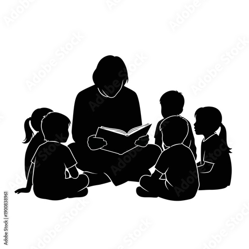 A teacher reads to a small group of children seated in a circle depicted as a silhouette high quality professional detailed modern