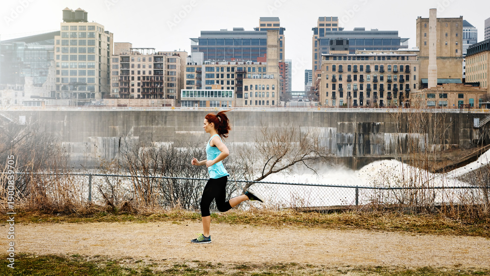 Fototapeta premium Serious, woman and running for fitness in city with exercise, cardio training and physical activity. Person, runner and breathing for challenge, endurance workout and performance for wellness outdoor