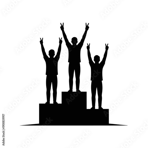 A striking image depicts three victors on a podium raising their arms in triumph a powerful silhouette high quality professional detailed