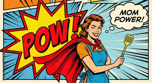 Classic comic book Pop Art style of a superhero mother wearing a red cape and holding a spatula with a powerful Mom Power message