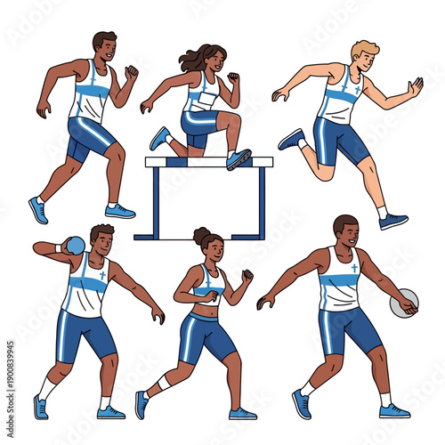 Athletes in various track and field events demonstrate speed and agility presented as a dynamic silhouette high quality professional detailed modern elegant