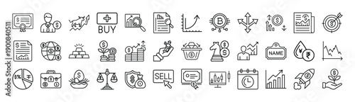 Outline Investment Icon Set in Line Art Style for Financial Planning, Stock Market, Portfolio Management, and Digital Interface Design