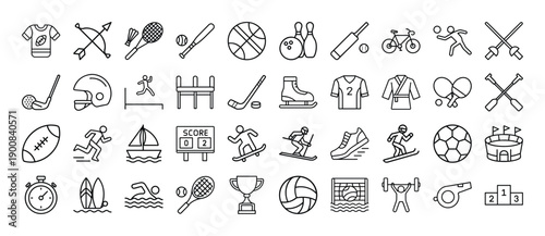 Outline Sports Icon Set in Line Art Style for Football, Basketball, Tennis, Gym, Exercise, and Digital Interface Design