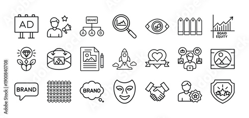 Outline Branding Icon Set in Line Art Style for Logo Design, Corporate Identity, Brand Marketing, and Digital Interface Design