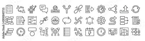 Outline Workflow Icon Set in Line Art Style for Task Flow, Business Processes, Automation, Planning, and Digital Interface Design