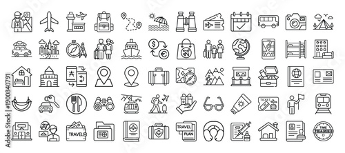 Outline Travel Icon Set in Line Art Style for Air Travel, Vacation, Trip Planning, Luggage, and Digital Interface Design