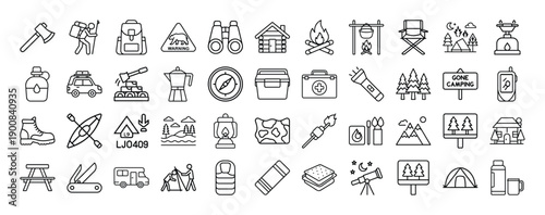 Outline Camping Icon Set 44 in Line Art Style for Tent, Campfire, Hiking, Nature, and Digital Interface Design