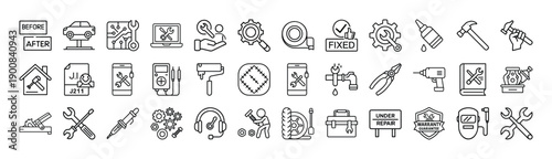 Outline Repair Icon Set 36 in Line Art Style for Technical Support, Tools, Fixing, Service, and Digital Interface Design