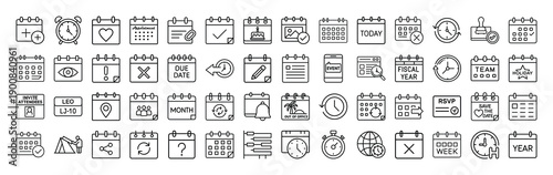 Outline Date Management Icon Set 56 in Line Art Style for Scheduling, Planner, Appointments, Timeline, and Digital Interface Design