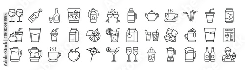 Outline Drinks Icon Set 36 in Line Art Style for Beverages, Coffee, Tea, Bottled Drinks, and Digital Interface Design