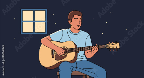 A captivating vector illustration of a young man playing guitar in a tranquil night setting with a window view