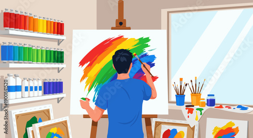 Vibrant Rainbow Painting in an Artist's Studio A Colorful Illustration Vector