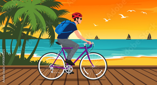 Enjoying a bicycle ride along a sunny beach boardwalk, a vector illustration of a person with a backpack cycling near the ocean with sailboats and palm trees at sunset