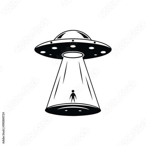 Minimalist black and white UFO abduction illustration, flying saucer emitting light rays vector style