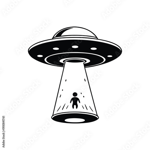 Minimalist black and white UFO abduction illustration, flying saucer emitting light rays vector style