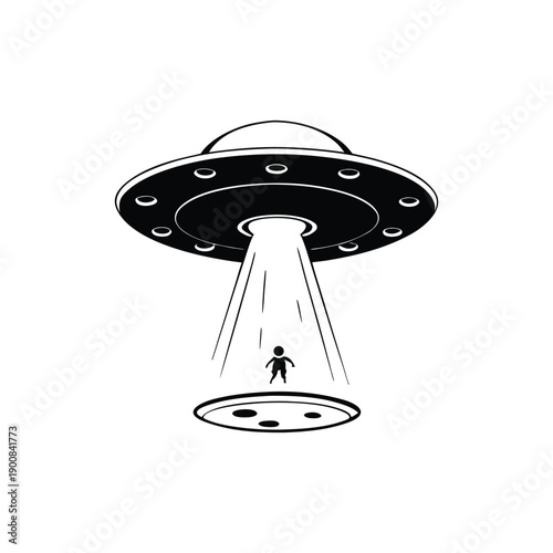 Minimalist black and white UFO abduction illustration, flying saucer emitting light rays vector style