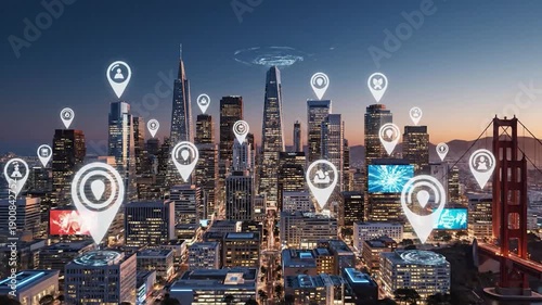 Digital connection overlays a cityscape with glowing lines and location pins