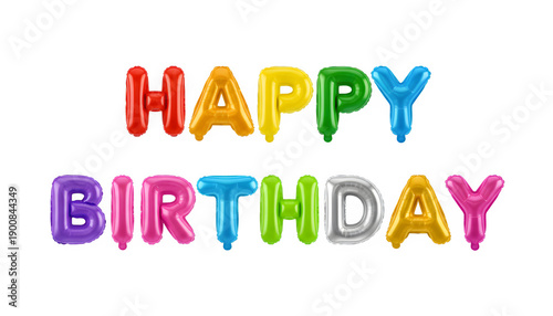 Bright colorful happy birthday balloon letters isolated on transparent background.