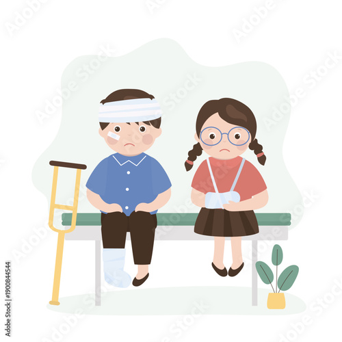Two unhappy children with broken arm and leg sitting on bench. Bandage, crutch. Illness and injury. medical healthcare. Little boy and girl with trauma